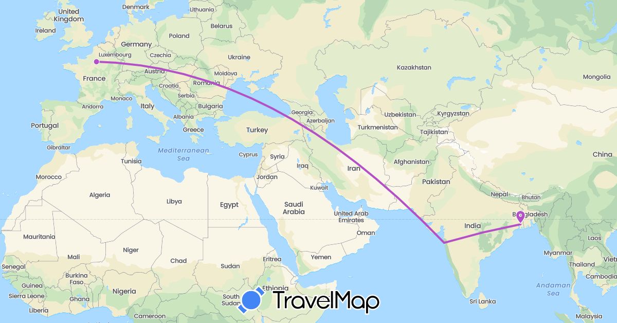 TravelMap itinerary: driving, train in France, India (Asia, Europe)