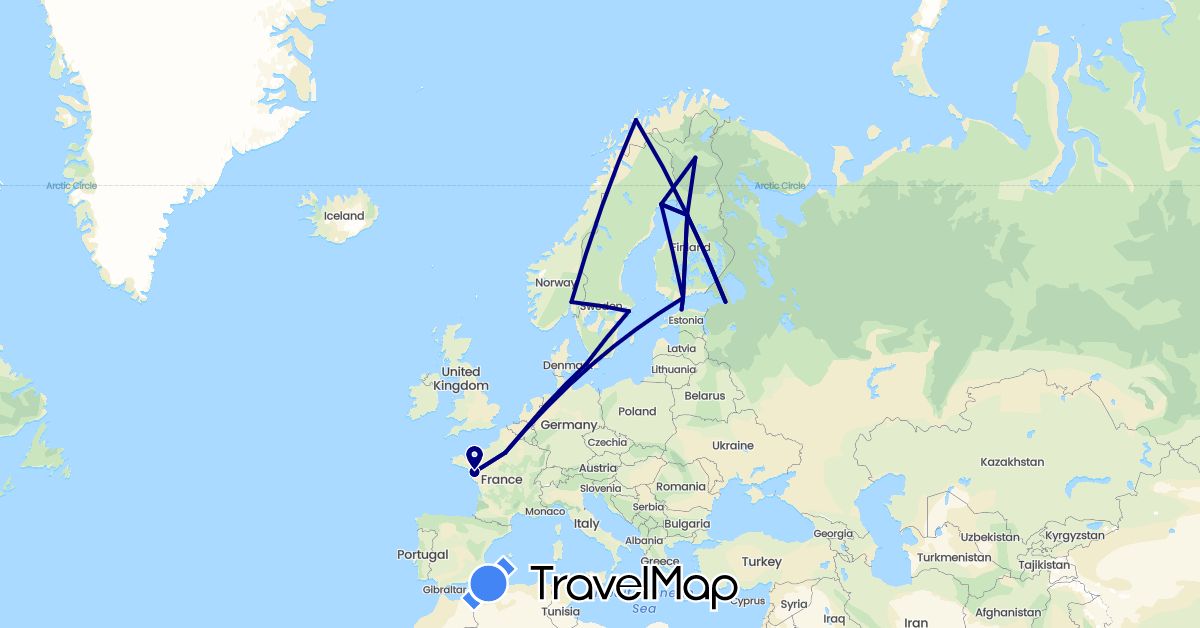 TravelMap itinerary: driving in Denmark, Estonia, Finland, France, Norway, Russia, Sweden (Europe)