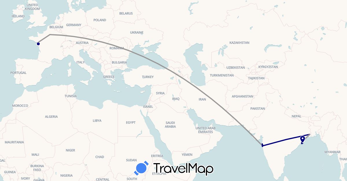 TravelMap itinerary: driving, bus, plane, hiking in France, India (Asia, Europe)